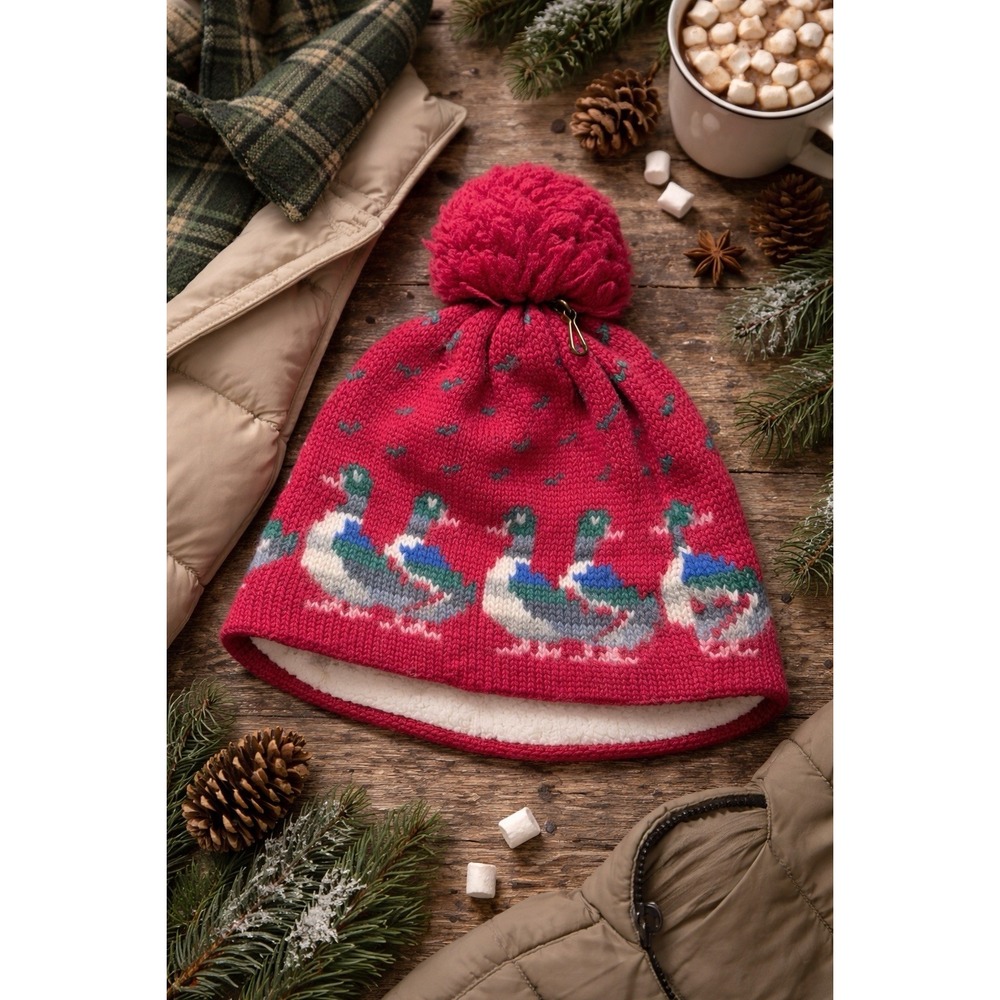 Igloos Beanie Hat Unisex One Size Pink Excellent Vintage Wool Mallard Duck Pom